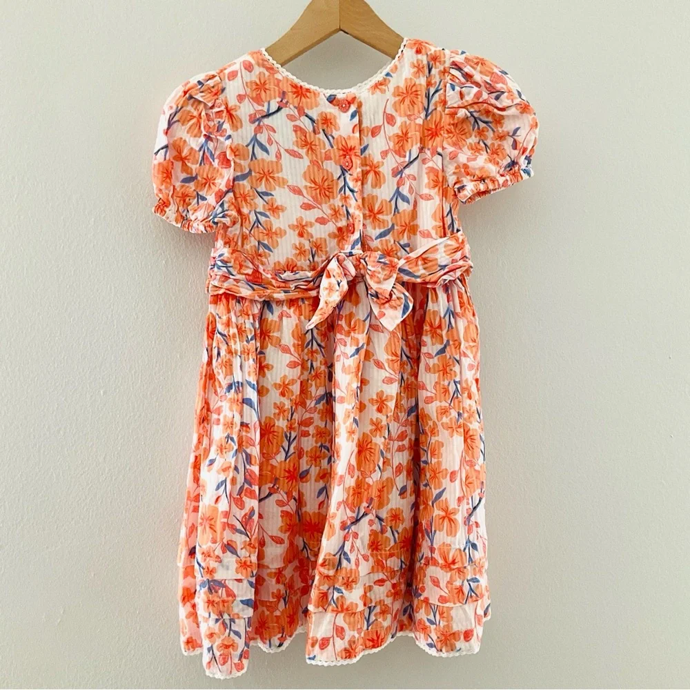 Rachel Zoe 3T Orange Floral Puff Sleeve Dress with Blue Accents
